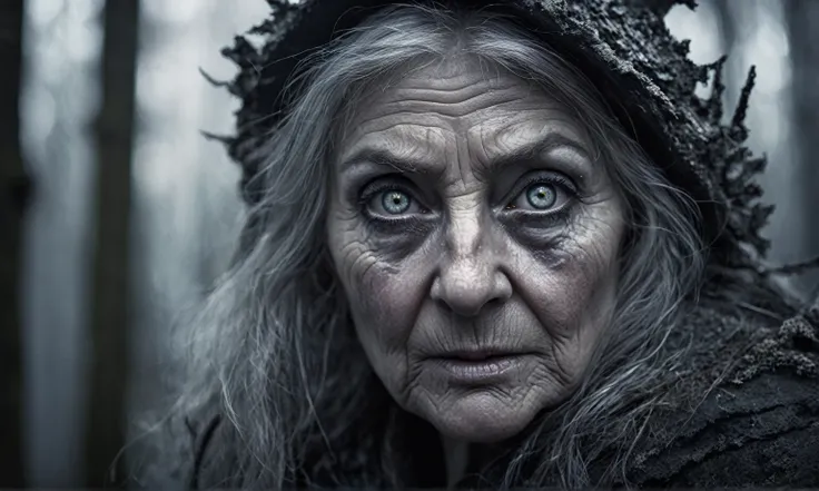 old witch,ashes after the battle,battlefield,winter,intricate landscape,slate grey atmosphere,glare eyes,film grain,dramatic light,woods,luminous eyes,extremely detailed, [night landscape],masterpiece,intricate details,faded,eyes extremely detailed, high d...