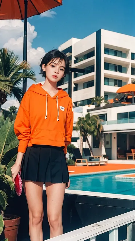 (long shot portrait :1.3), of cute 23 yo girl (perfect beautiful body ) ,beautiful face, (realistic face),(perfect natural breast),wear ((orange color oversized hoodie)), wear ((purple tennis skirt)),looking viewer,Best Quality,Masterpiece,Ultra High Resol...