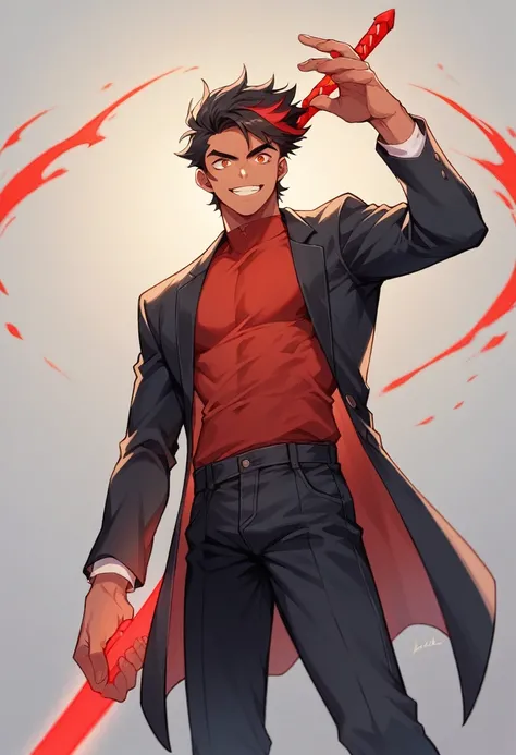 A mexican man with long wavy  black hair with a red streak. He wears a black tricon hait with a black blazer and red shirt. He stands smiling with a red glowing sword in his hands.