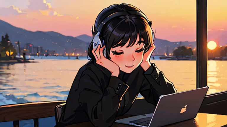 ( high quality , Highly detailed hands ) ( careful hand ) ((masterpiece)),(((最high quality))),((Super detailed)) Realistically, 1 Girl, beautiful, Stylish cafe,coffee,table,Headphones,(A beautiful girl with black hair studying on a laptop while listening t...