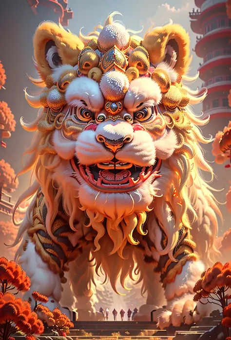 traditional chinese lion dance,chinese awaken the lion,chinese lion dance,golden fur,cute furry,beautiful and detailed digital a...