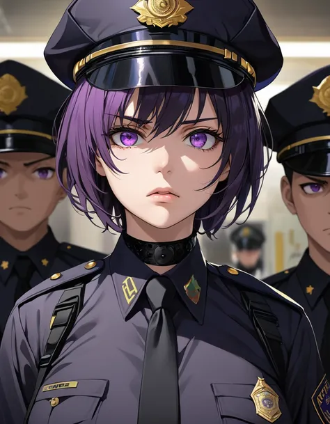 High-resolution anime digital art, Masterpiece, upper body, tomboy, mature, sexy, smart, short hair color pitch black, real detail eyes pupil purple, Wear Black Cops Uniforms, black chokers, Serious face, Crime Scene.