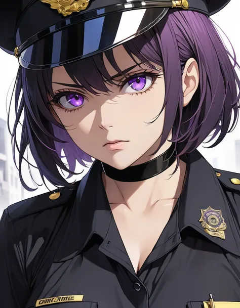 High-resolution anime digital art, Masterpiece, upper body, tomboy, mature, sexy, smart, short hair color pitch black, real detail eyes pupil purple, Wear Black Cops Uniforms, black chokers, Serious face, Crime Scene.