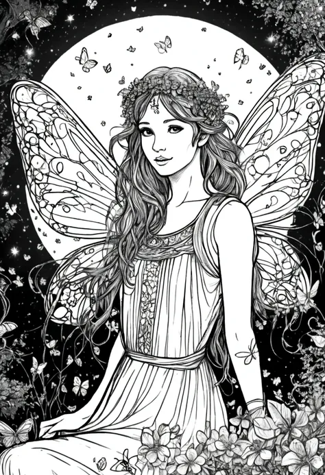 a magical fairy surrounded by glowing fireflies in a moonlit forest, clean line art, white background, colouring page, clean out...