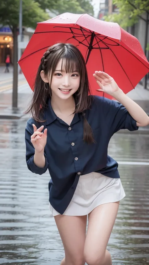 Best picture quality (8K, high resolution, Masterpiece: 1.2), super detailed,  215 Short Hair,Three braids long hair, 16-year-old woman, 


situation: 大きな傘を使った雨の中のdanceパフォーマンス。dance、Jump:1.5 details:
angle: A shot of people dancing while twirling umbrellas...