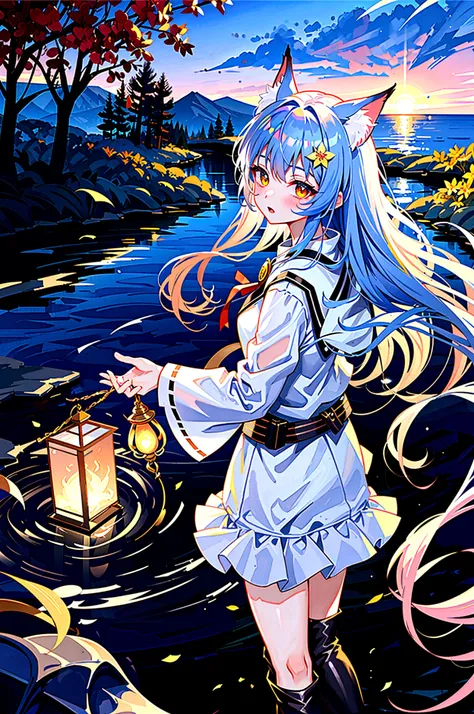 fox Light blue hair 　beast girl　indigo fur　fox beast girl　Sesshomaru, Yellow eyes, Anime, Perfect face, Perfect Lighting, Outdoors, Warm colors, Dark purple sky, Autumn sunset,  (inuyasha), Bearing Claw, Ready to fight　wave, koi fish, anime artstyle, wide ...