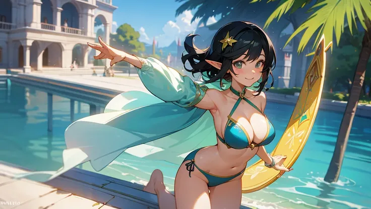 Anime Style,Swimwear,Detailed background,Magical World,A lively balcony with many people,A beautiful elf bard with black hair and a smile,fan,Big cleavage,Healthy thighs,Underarm,Barefoot