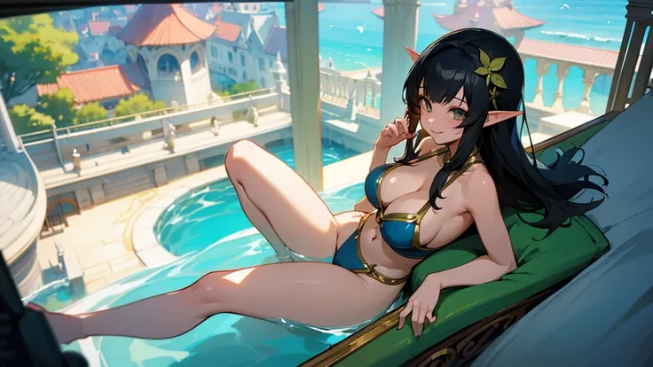 Anime Style,Swimwear,Detailed background,Magical World,A lively balcony with many people,A beautiful elf bard with black hair and a smile,fan,Big cleavage,Healthy thighs,Underarm,Barefoot