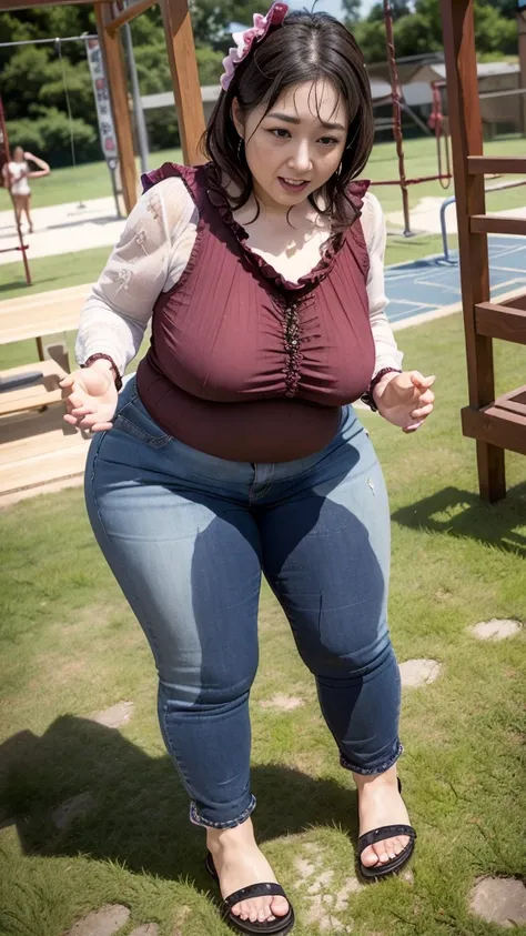 1woman,fullbody,(masterpiece:1.5),photo-realistic,16k,(beautiful 40s japanese plump lady:1.4),(crowded playground:1.6),(frilled blouse:1.5),(jeans:1.3),(sandals:1.5),(handing on wetting crotch with both hands:1.4),(whimpering:1.3),(panicking:1.3),(crying:1...