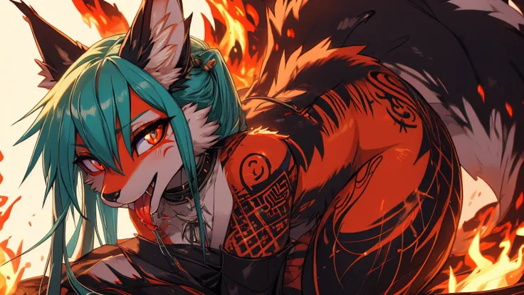 Miku Hatsune, add high definition_detail:1, blue fur,kitsune ears, tribal tattoo add_detail:1, in hell add_detail, batwigns add_detail Fer yokai kitsune, long snake tongue add_detail:1