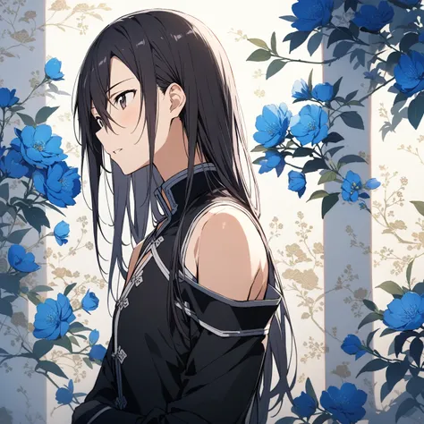 masterpiece,best quality,1 boy, male focus, kirito (Sao-ggo), Sword Art Online,very beautiful,Chinese style,Guild clothing,Oriental wallpaper,flower,blue tint,Natural light,soft light，White background，shadow,black hair,The character is in the middle of the...