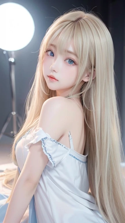 golden shiny hair、super long straight silky hair、dazzling blonde super long silky hair、16 years old cute little beautiful face、a...