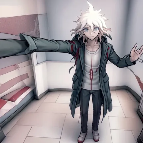 Yandere simulator, Nagito Komaeda, 3D like in yandere simulator, man, boy, Nagito Komaeda, male style. ONE BOY, ONLY ONE, ALONE, in a classroom, alone classroom. Smiling, happy, yandere simulator HIGH SCHOOL CLASSROOM, alone, . , Extremely detailed, no dis...