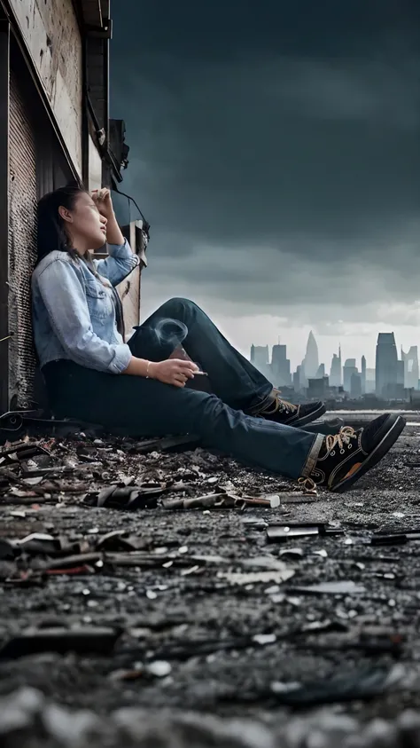 high quality, best quality, photo-realistic, raw-photo, ultra-detailed, High definition, masterpiece, intricate details, detailed texture, finely detailed, a woman sitting on the ground in front of a city, photo - manipulation, post apocalyptic view, creat...