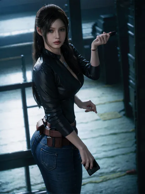 (masterpiece:1.2, Best Quality:1.2), ((Claire Redfield, super beautiful woman)), Resident evil, (Blue shirt,blue Trousers), (Colossal tits:1.5, Huge boobs:1.1, Huge breasts:1.2, gigantic cleavage breasts:1.1), (Detailed face, Detailed skin texture, Perfect...