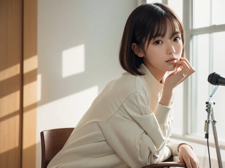 Full-body shot of a cute young Japanese woman in her early 20s, (8k resolution:1.2), (photorealistic:1.3), (ultra-detailed:1.2), perfect facial features, flawless skin, natural makeup, short straight hair, wearing a white jacket, sitting on a chair, simple...