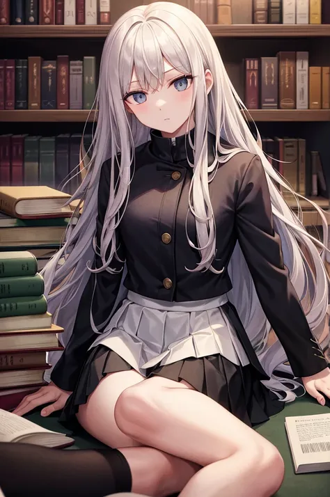 black jacket, open clothes, long sleeves, white skirt, pleated skirt, sitting, books lying around, expressionless, library, long hair, cream hair, tall, tights