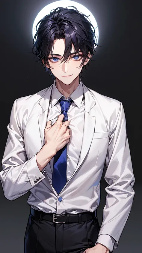 man, face focus, [[[adult]]], business suit, Jacket, white shirt, tie, pants, frontage, highest quality, adopt, detailed face, simple background、white background、[[[black hair]]]、[[[blue eyes]]]、confident look、Upper body、smile