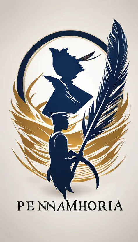 Create a minimalistic, simple, fantastic, easy to understand, logo design of a boy and a feather for an upcoming Role Playing Game called " Penamemoria". The game is about a world of bird and feathers and the inspirational, creative journey of a boy and hi...