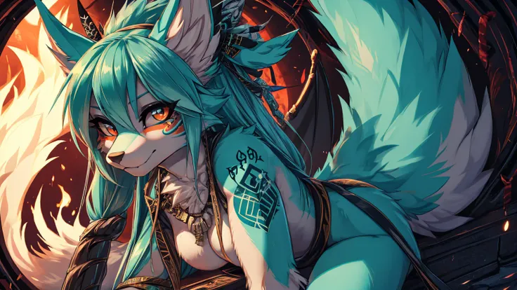 Miku Hatsune, add high definition_detail:1, blue fur,kitsune ears, tribal tattoo add_detail:1, in hell add_detail, batwigns add_detail Fer yokai kitsune add_detail:1