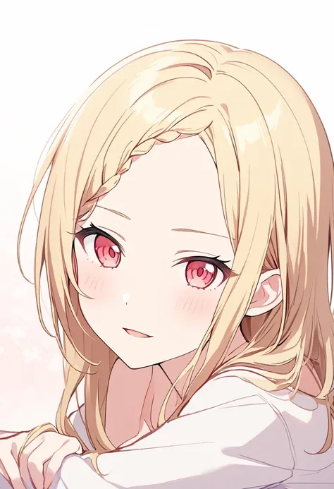 Generate an image of Honami Mochizuki from Project Sekai. She is a high school student with long, straight hair in a blonde color.,with a slight curl. Her side hair is shorter and also slightly curled. She has straight-cut bangs, that frame her forehead. O...