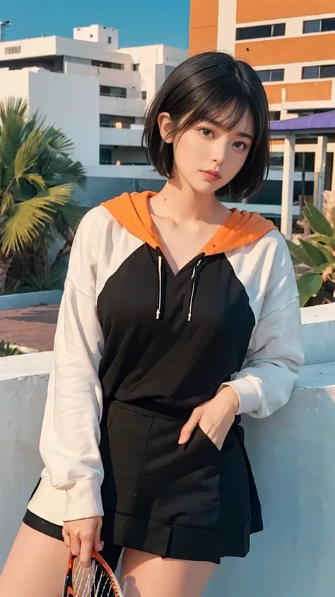 (long shot portrait :1.3), of cute 23 yo girl (perfect beautiful body ) ,beautiful face, (realistic face),(perfect natural breast),wear ((orange color oversized hoodie)), wear ((purple tennis skirt)),looking viewer,Best Quality,Masterpiece,Ultra High Resol...