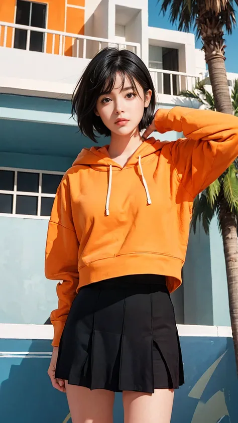 (long shot portrait :1.3), of cute 23 yo girl (perfect beautiful body ) ,beautiful face, (realistic face),(perfect natural breast),wear ((orange color oversized hoodie)), wear ((purple tennis skirt)),looking viewer,Best Quality,Masterpiece,Ultra High Resol...