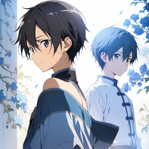 masterpiece,best quality,1 boy, male focus, kirito, Sword Art Online, Sword Art Online,very beautiful,Chinese style,Guild clothing,Oriental wallpaper,flower,blue tint,Natural light,soft light，White background，shadow,black hair,The character is in the middl...