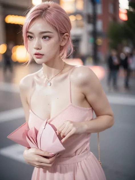 Background City City, camara angle top-side, looking back side, Cute girl short pink hair,  ♥️♥️♥️♥️♥️ dress red red red red dress red backless dress,with a purse 👜 on hand ,all her hair short pink , with a star clip in her pink hair, light colored eyes, p...