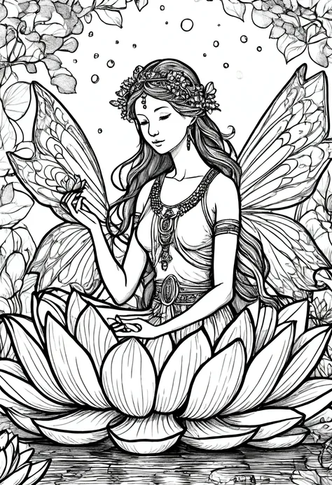 A serene fairy meditating on a lotus flower in a tranquil pond, clean line art, white background, colouring page, clean outline, sketch style, floral frame, decorative panel, abstract ,sketch, character lines and scenes without colors and shadows. (Masterp...