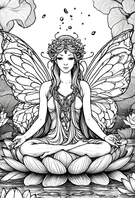 A serene fairy meditating on a lotus flower in a tranquil pond, clean line art, white background, colouring page, clean outline, sketch style, floral frame, decorative panel, abstract ,sketch, character lines and scenes without colors and shadows. (Masterp...