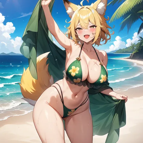 (masterpiece,best quality,very aesthetic,ultra-detailed),(illustration,official art),nsfw,solo,BREAK,1girl,30yo,curvy,large breasts,tall,stout build,bewitching,(blonde fox ears),(a fox tail growing out from around her tailbone),(blonde hair,short hair,mess...