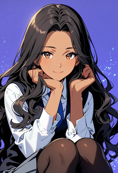 a woman, 19-years-old, solo, mature face, average height, tan skin, (long black wavy hair thats parted in the middle:1.2), no bangs, brown eyes, warm smile, black waistcoat, white formal shirt, gray pleated skirt, blue necktie, black tights, sitting with k...