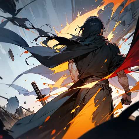 Create a character with long hair, from the back with a large black cape A katana on fire Eyes coming out of rays Black clothing with red stripes A scar on the arm A somewhat muscular body Acting like a swordsman In a destroyed city 