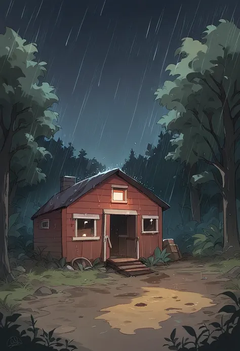 cabin in the rain, dirt road leading to the cabin wet, trees wet, night time, dark sky