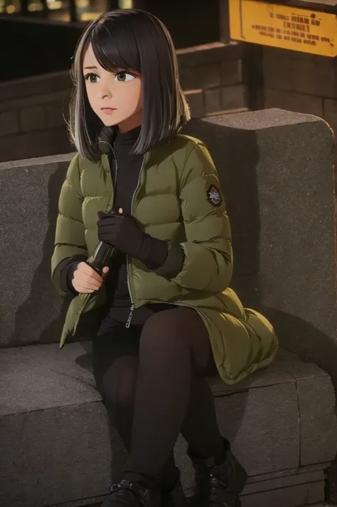 girl,  olive green puffer jacket, jeans, black gloves, pee, wet, stain, city