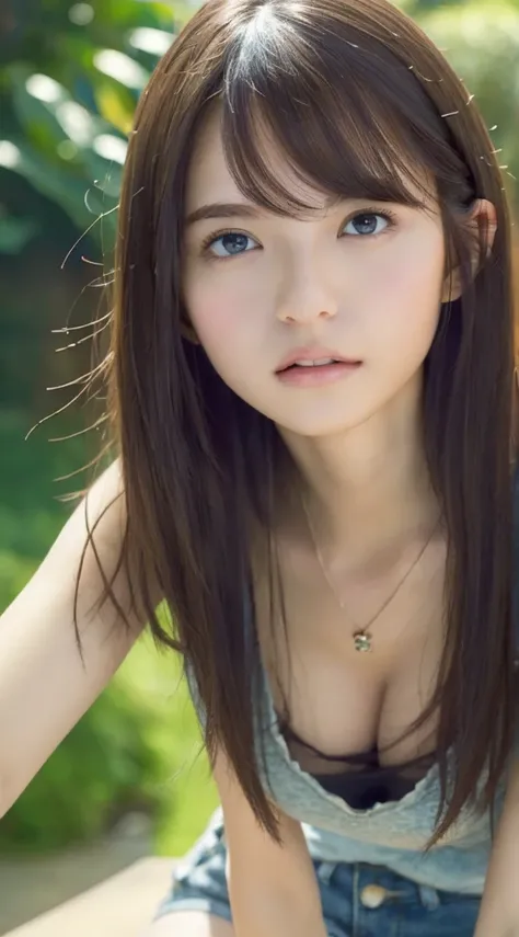 (Best quality, 8k, Masterpiece :1.3), A pretty woman with perfect figure :1.4, Dark brown hair, Big breasts, Wearing pendant, V neck t-shirt with ripped shorts, Sit on bench, In garden, Highly detailed face and skin, Detailed eyes, Double eyelid