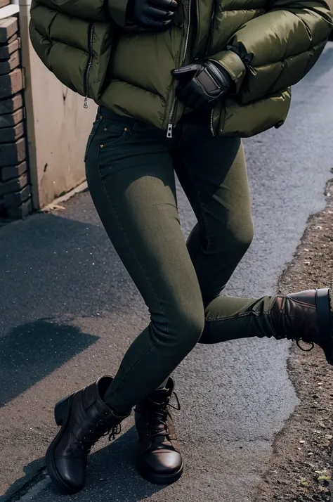 girl, olive green puffer jacket, jeans, black gloves, pee, wet, stain, city