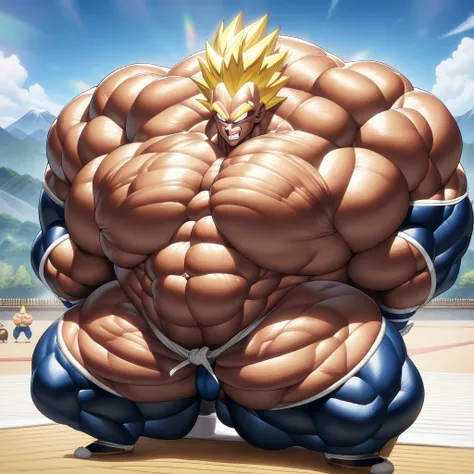 1boy, Vegeta, from Dragon Ball Z, saiyan, (yellow hair:2), spiked hair, green eyes, (blue skintight pants:1.5), white gloves, white boots with brown tips, good posture, shirtless, nipples, abs, sumo squat, powering up stance, (huge muscles:4), huge pectora...