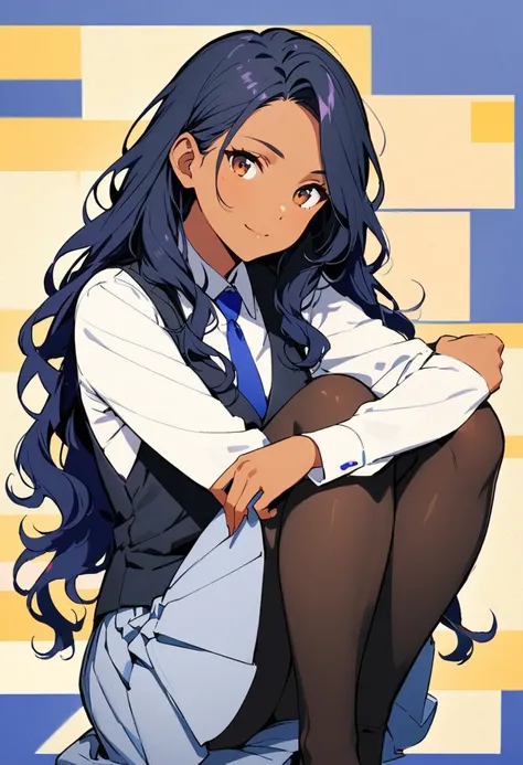 a woman, 19-years-old, solo, mature face, average height, tan skin, (long black wavy hair thats parted in the middle:1.2), no bangs, brown eyes, warm smile, black waistcoat, white formal shirt, gray pleated skirt, blue necktie, black tights, (sitting with ...