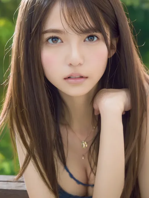 (Best quality, 8k, Masterpiece :1.3), A pretty woman with perfect figure :1.4, Dark brown hair, Big breasts, Wearing pendant, V neck t-shirt with ripped shorts, Sit on bench, In garden, Highly detailed face and skin, Detailed eyes, Double eyelid