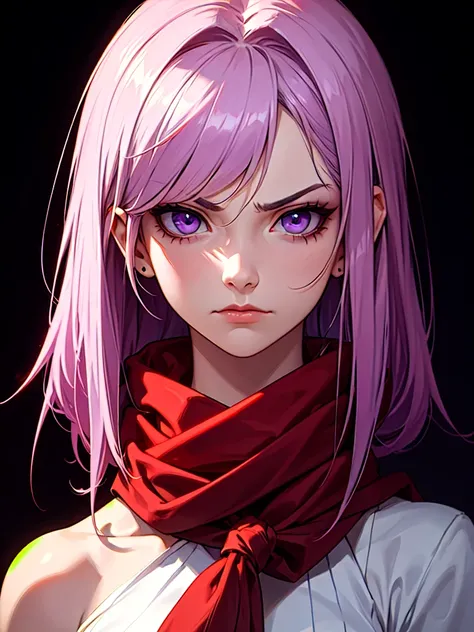 ((Portrait)), She has a Muscular, Lilac-Haired Appearance, with Youthful Charm, Pale Skin, and a Muscular Build. She Expresses a Serious Look, Frowning, Giving Off a Temperamental Attitude. She has Light Purple Eyes, and Her Hair is Short and Straight with...