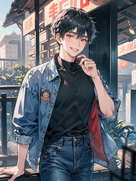 (cowboy shot), (ultra-high resolution, depth of field:1.2), adult, 1male, (toned body), masculine, short black hair, red eyes, blue denim jacket, black shirt, black denim jeans, grin, Japanese suburbs scenery