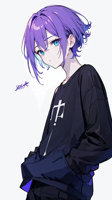 ((Highest quality)), ((masterpiece)), ((1 person)),Perfect Face、male、Purple hair color、Light blue eyes、Very short hair、vocal、pale colour、whole body、Black Shirt、Put your hands in your pockets