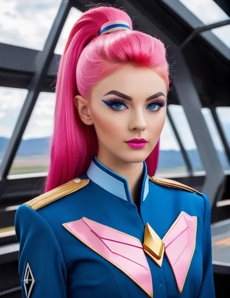 very attractive 25 year old vulcan girl with long bright pink hair, photo of a vulcan woman, pointed ears, pointed eyebrows, eye shadow, shirt. wearing (blue stsnwunf uniform:1.4), starship bridge. .