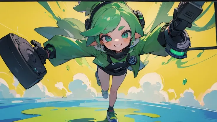 ((Highest quality, 8K, masterpiece: 1.3)), ((One girl:1.5)), Home,Play on a gaming monitor,Live broadcast in progress,Splatoon 3,A big smile,Green Hair