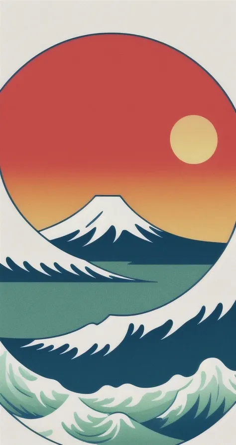 Based on the Japanese flag、In a circle、Fuji Mountain、Wave、Please draw cherry blossoms and other things in a retro style.、And the overall color scheme is bright and pop.
