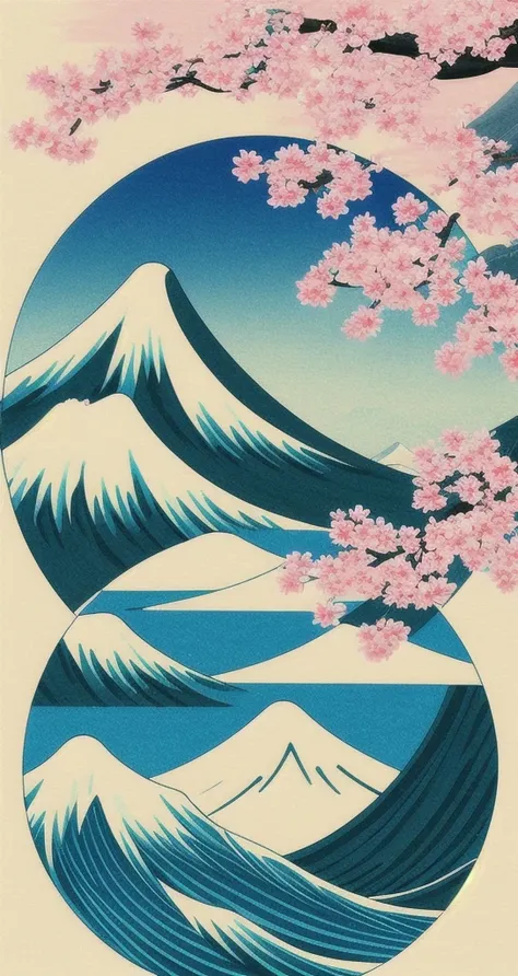 Based on the Japanese flag、In a circle、Fuji Mountain、Wave、Please draw cherry blossoms and other things in a retro style.、And the overall color scheme is bright and pop.
