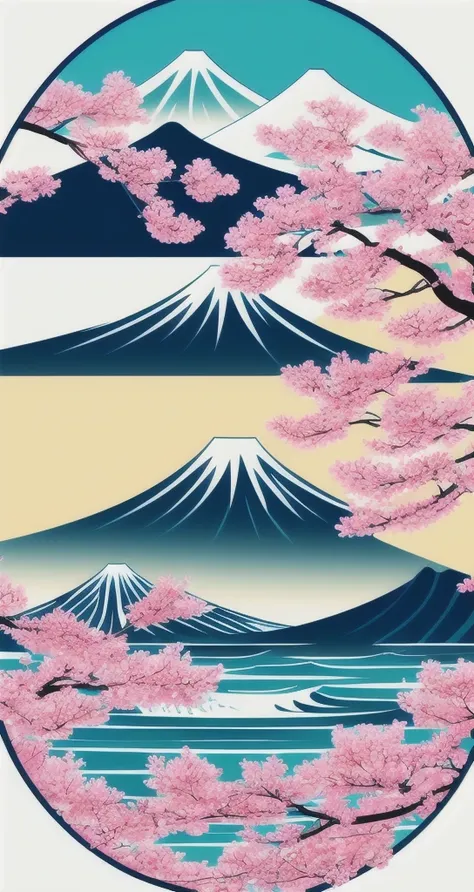 Based on the Japanese flag、In a circle、Fuji Mountain、Wave、Please draw cherry blossoms and other things in a retro style.、And the overall color scheme is bright and pop.
