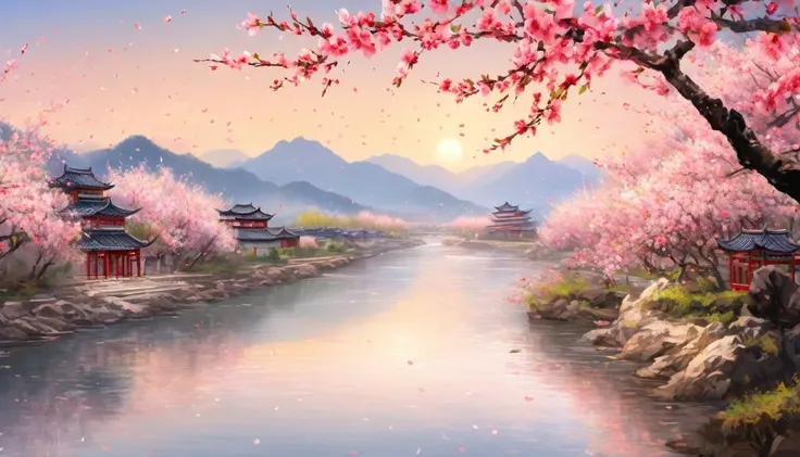 Peach blossom trees rising beside the river, Chinese style, Peach blossoms scattered in the middle of the screen, distant view ((background:1.8))
